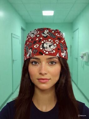 Red Printed Cotton Surgical Scrub Cap with Heart and Retro Motifs